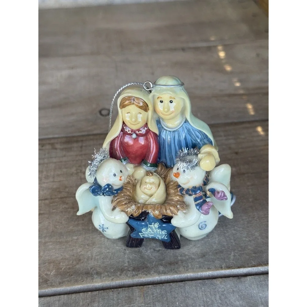 Resin Nativity Scene Christmas Ornament Jesus, Joseph, Mary‎ And Snowmen Angels